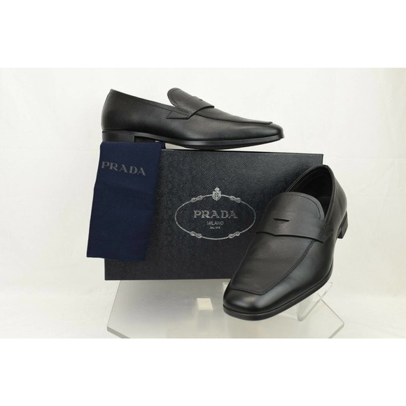 PRADA 2DC127 BLACK SAFFIANO LEATHER LETTERING LOGO PENNY LOAFERS 12 US 13 - Picture 2 of 12